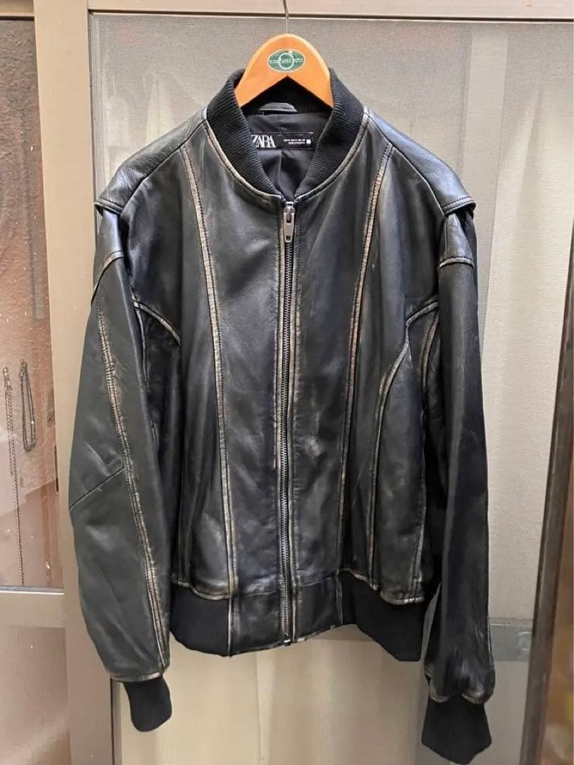 ZARA シープレザー ヴィンテージエフェクト レザーボンバー フェイクレザーボンバージャケット - ブラック | ZARA Japan / 日本