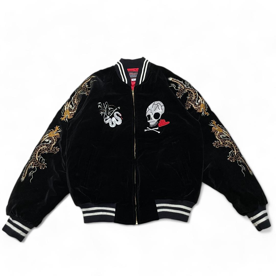 ベロアスカジャン黒ブラック古着刺繍和柄ドクロ骸骨蛇龍竜ドラゴン別珍