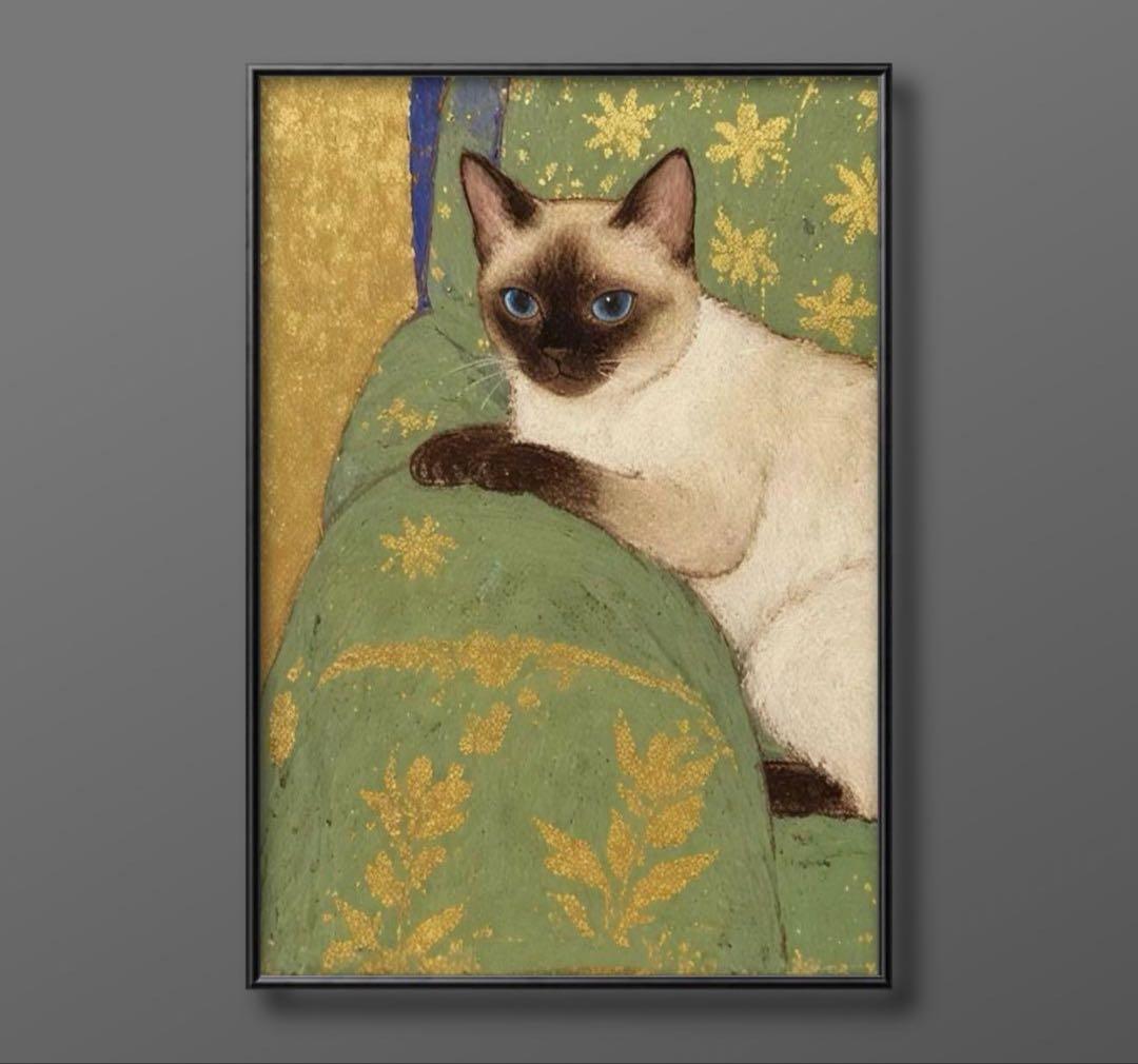 絵画 | イラストポスター 776 ☆ 【緑のソファーの上のシャム猫