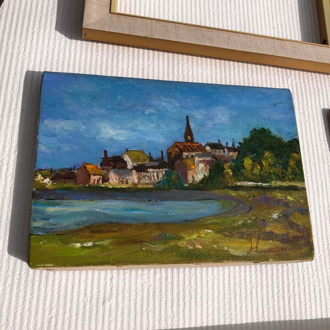 風景油彩画 アンティーク な油絵金色フレーム付きビンテージ　日額ニチガク　額縁