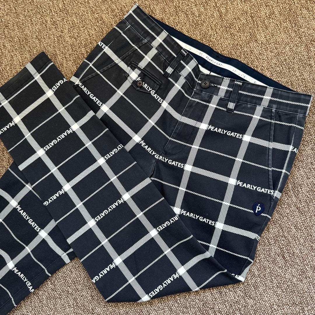 現行モデル　パーリーゲイツ　パンツ　総柄　L〜XL相当 チェック　グレー　白　5 現行モデル パーリーゲイツ パンツ 総柄 L〜XL相当 チェック グレー 白