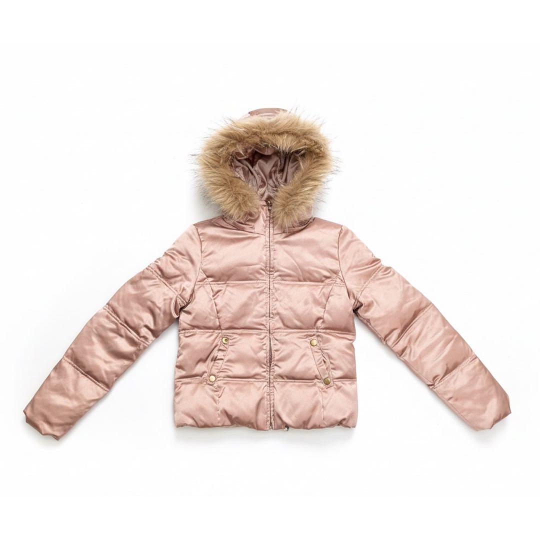 ダウンジャケットフード付き（ファー取り外し可）くすみピンクサイズXS