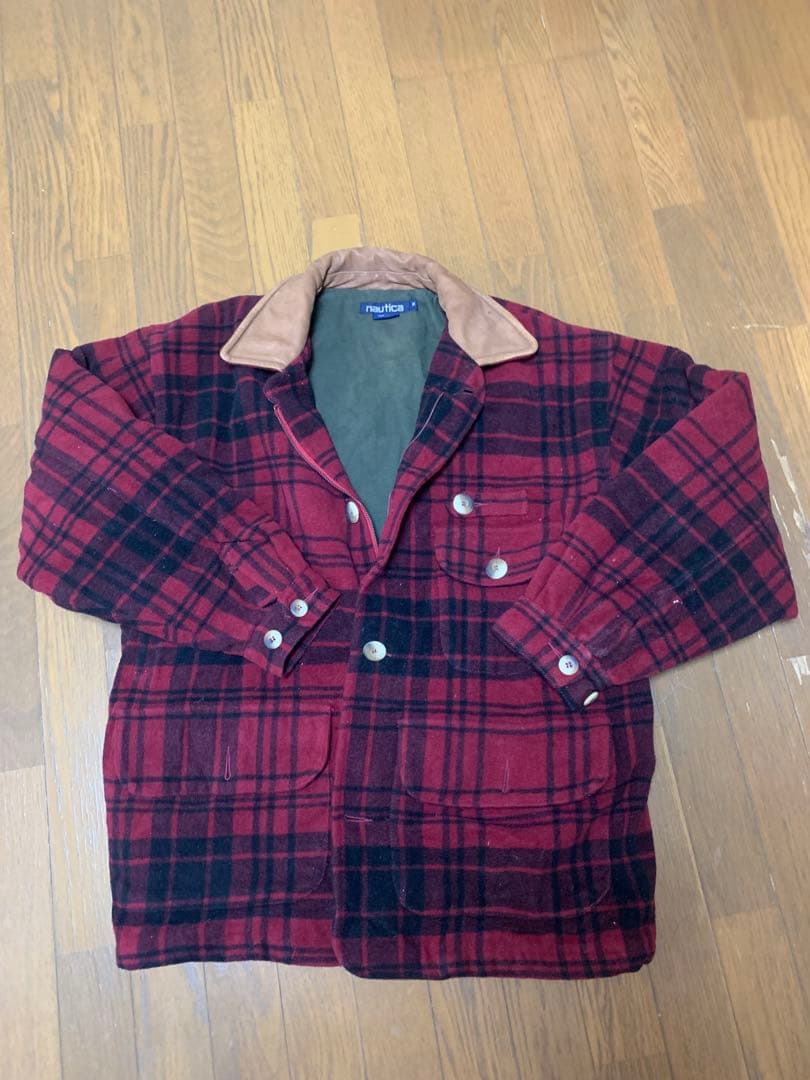 90S おしゃれNAUTICA 襟レザー ジップアップジャケット-アウトレット価格