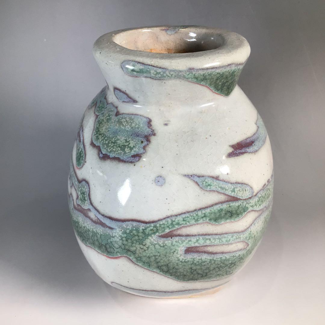 N605 扁壺 『益子窯 木村充造』『青釉流文』『花生』 共箱 花器