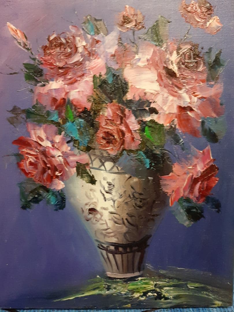 バラ 薔薇 花束 油彩画 金色フレーム 油絵　作者不明　花瓶
