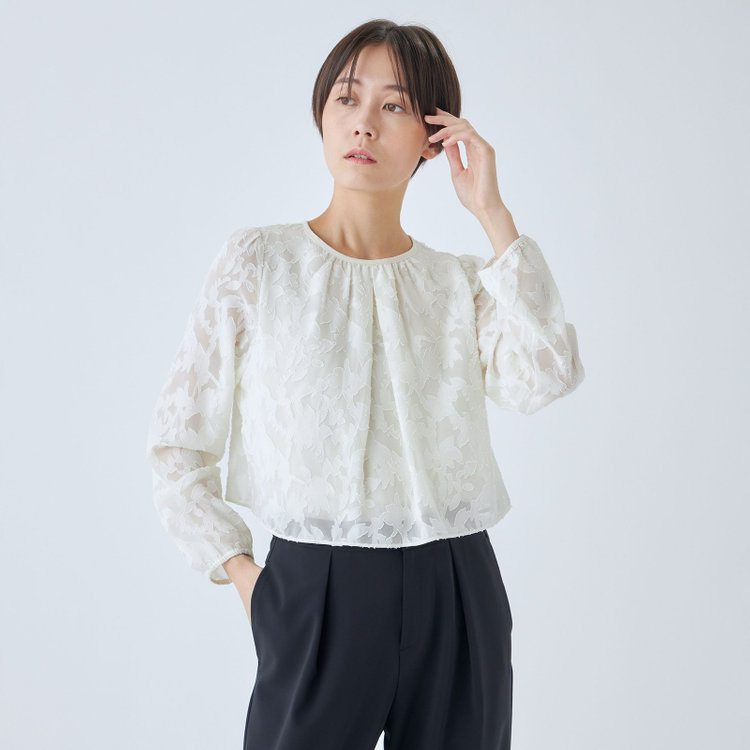 SL/長袖】カットジャカードレイヤードプルオーバーブラウス/ホワイト