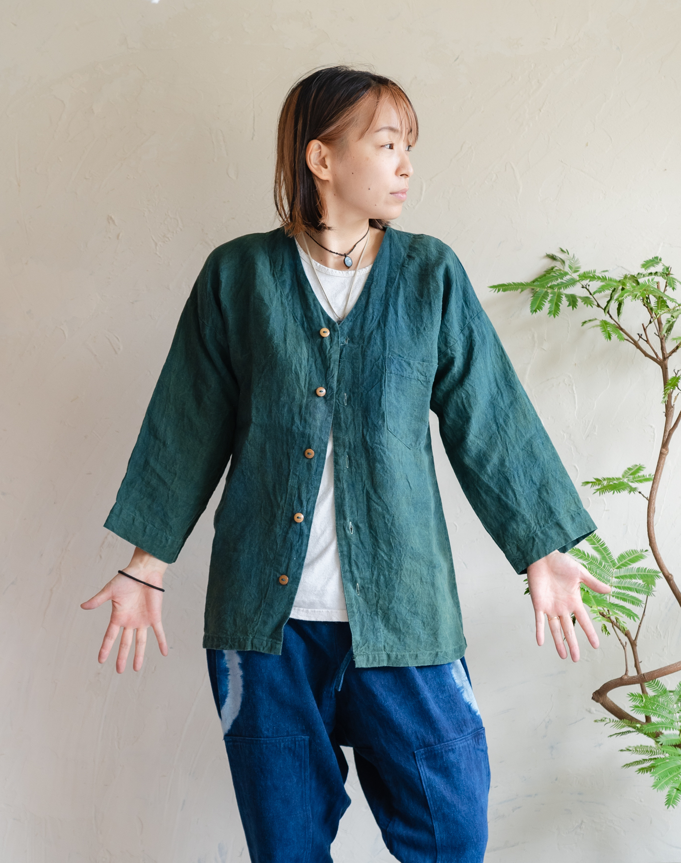 天然素材・草木染め】まつりジャケット 100％ ヘンプ(グリーン/M